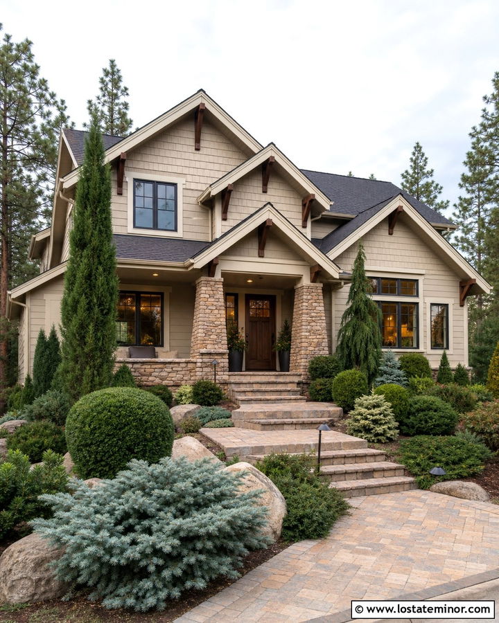 Beige House With Stone Accents And Evergreens - 30 Beige House Design With Landscaping Ideas