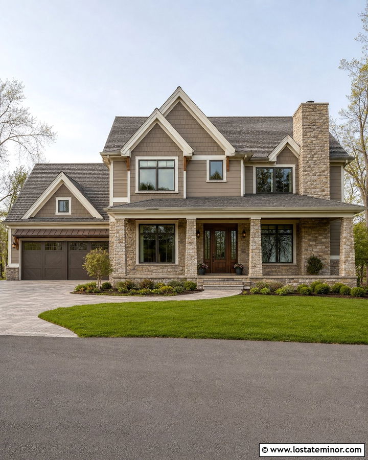 Beige House With Stone And Shingle Accents - 30 Beige House Design With Shingles Ideas