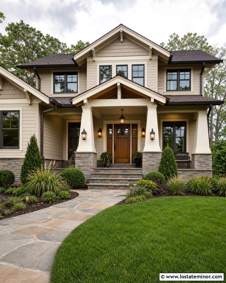 Beige House With Stone Base Portico - 30 Beige House Design With Portico Ideas