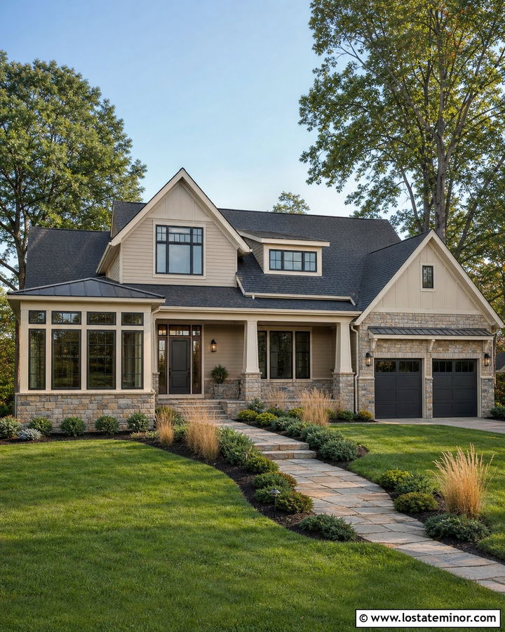 Beige House With Stone Base Sunroom - 30 Beige House Design With Sunroom Ideas