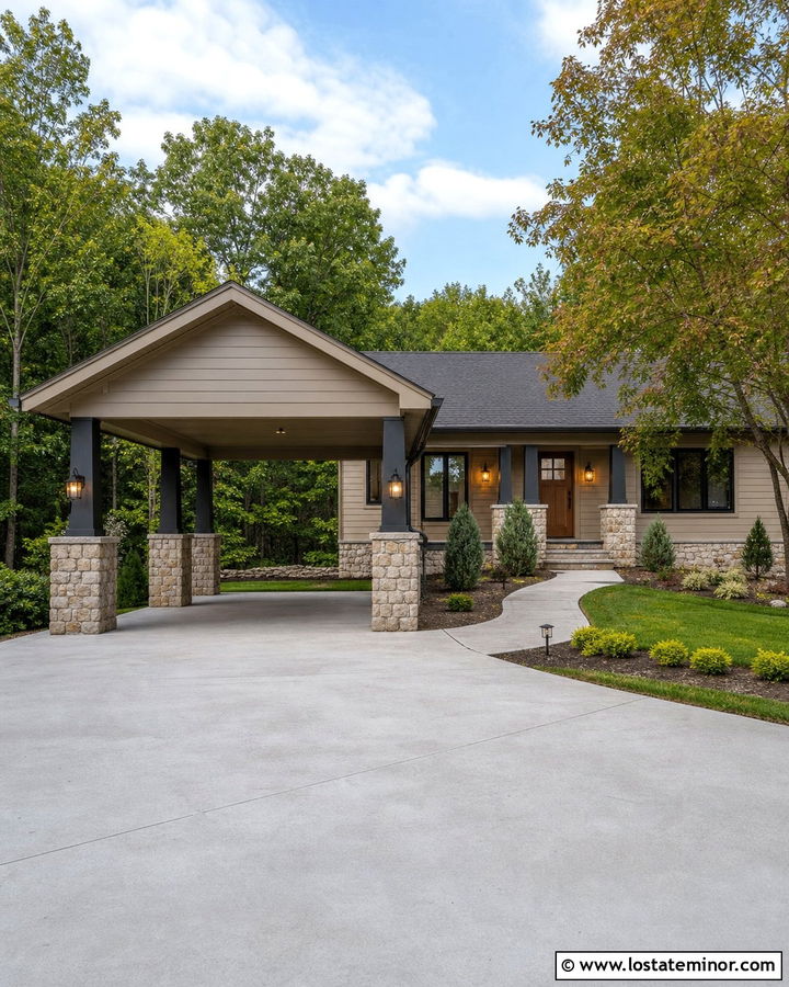Beige House With Stone Column Carport - 30 Beige House Design With Carport Ideas