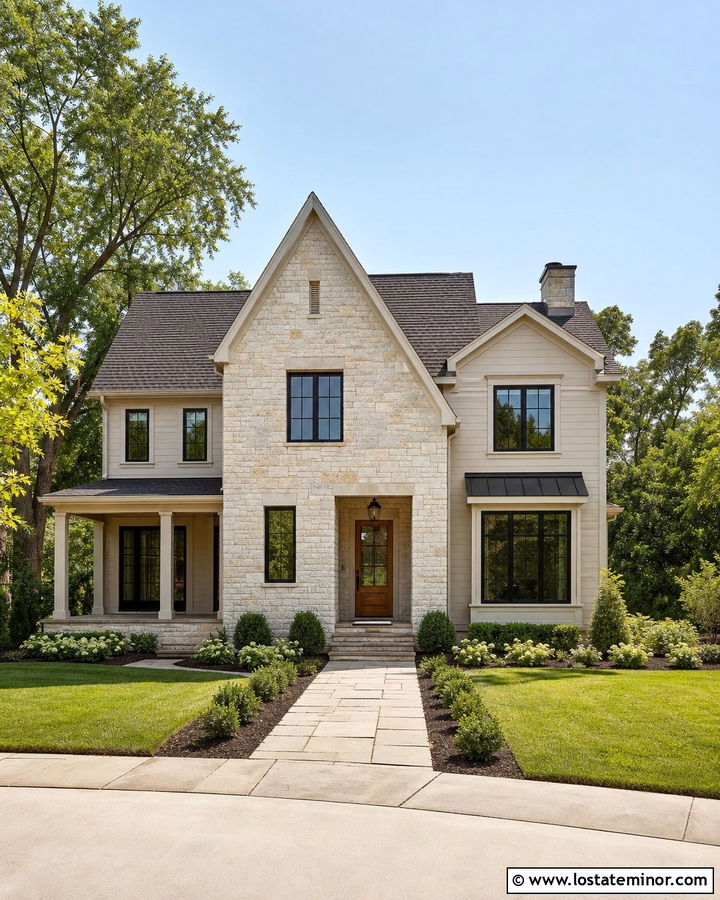 Beige House With Stone Gable Accents - 30 Beige House Design With Gables Ideas
