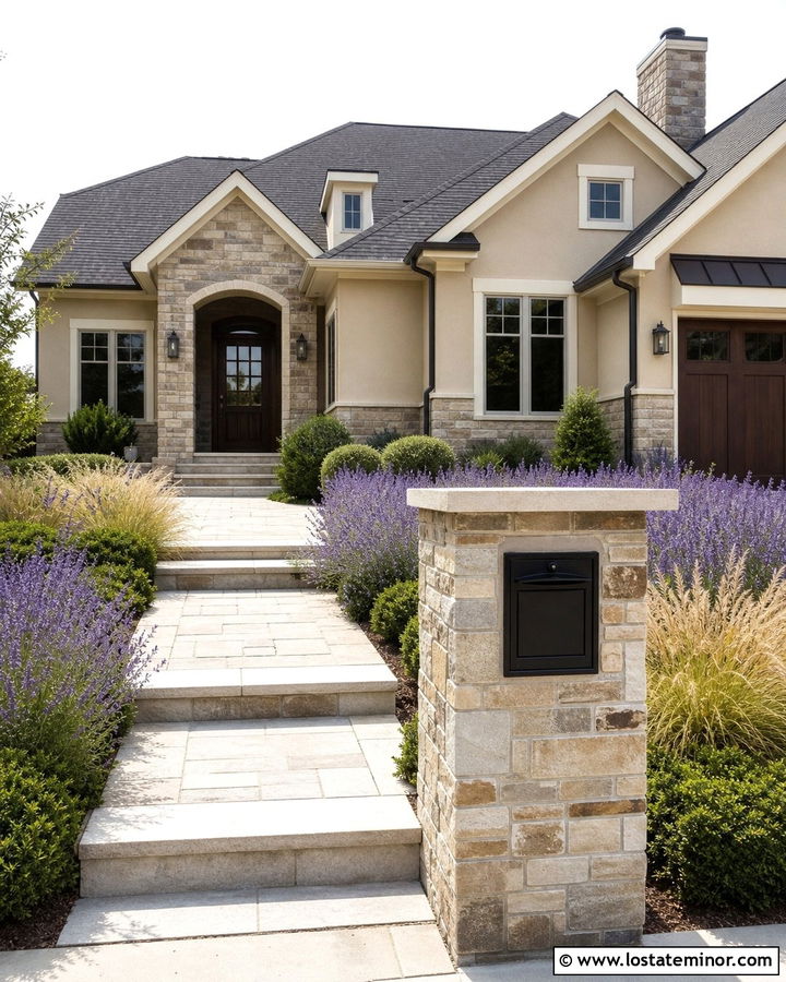 Beige House With Stone Mailbox Column - 30 Beige House Design With Mailbox Ideas