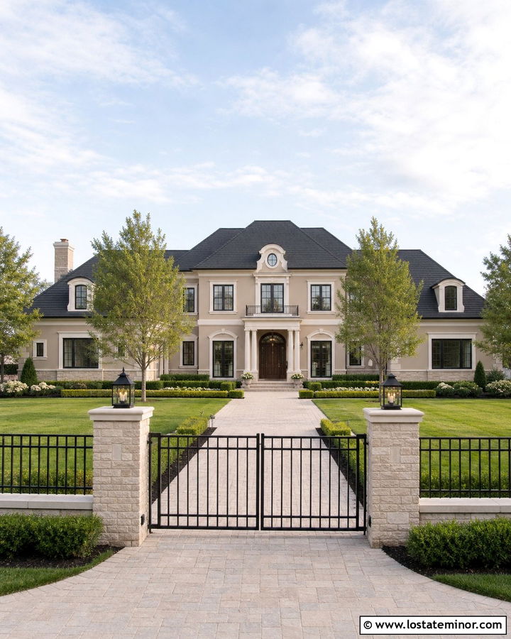 Beige House With Stone Pillar Fence - 30 Beige House Design With Fence Ideas