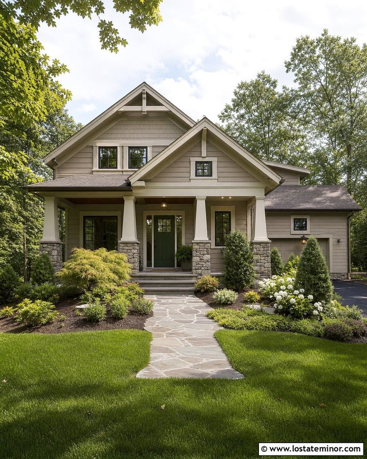 Beige House With Stone Porch And Evergreen Yard - 30 Beige House Design With Front Yard Ideas