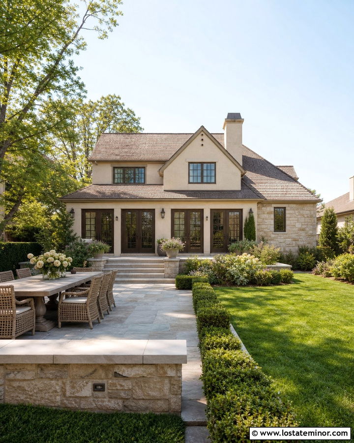 Beige House With Stone Terrace - 30 Beige House Design With Backyard Ideas