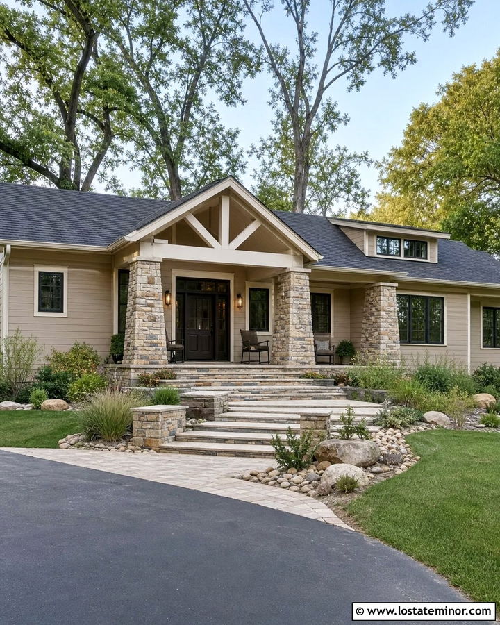 Beige House With Stone Wrapped Columns - 30 Beige House Design With Porch Columns Ideas