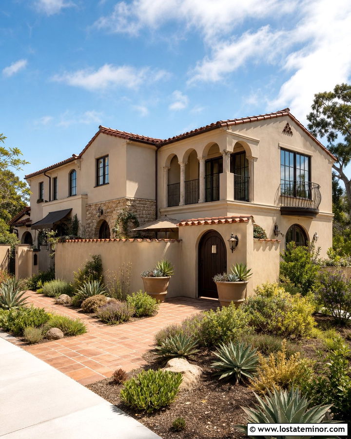 Beige House With Stucco Courtyard Fence - 30 Beige House Design With Fence Ideas