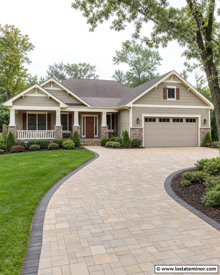 Beige House With Tan Paver Driveway - 30 Beige House Design With Driveway Ideas