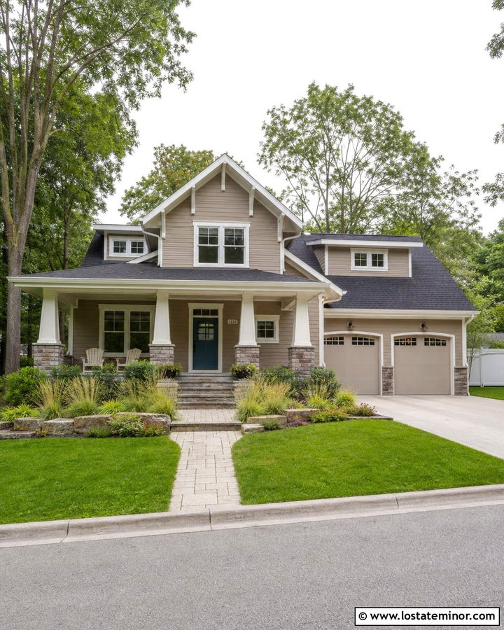 Beige House With Tapered White Columns - 30 Beige House Design With Porch Columns Ideas