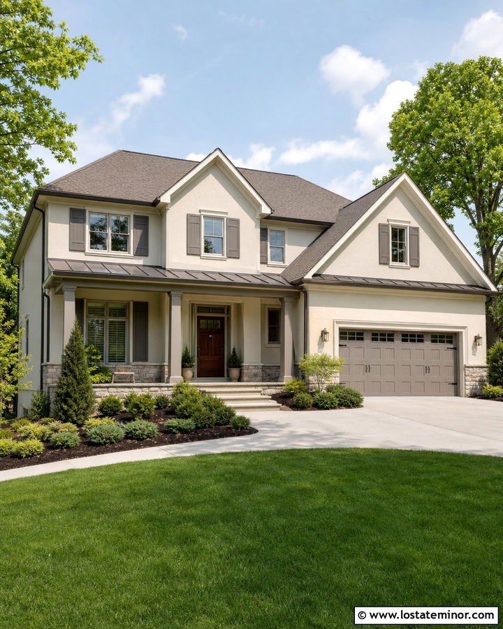 Beige House With Taupe Porch Columns - 30 Beige House Design With Porch Columns Ideas