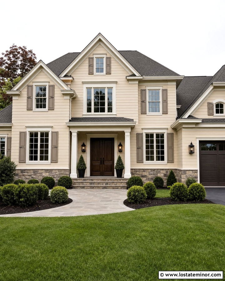 Beige House With Taupe Shutters - 30 Beige House Design With Shutters Ideas