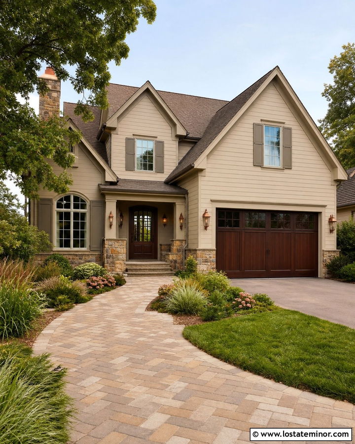 Beige House With Taupe Trim And Copper Lights - 30 Beige House Design With Light Fixtures Ideas