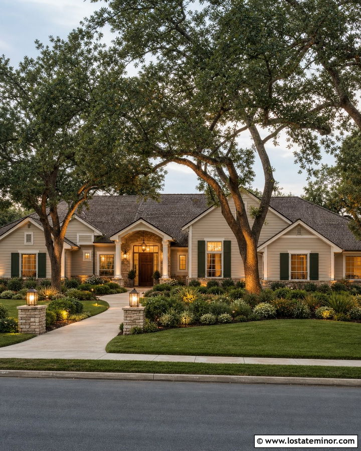Beige House With Tree Uplighting - 30 Beige House Design With Lighting Ideas