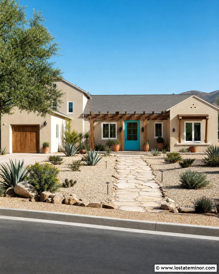 Beige House With Turquoise Front Door - 30 Beige House Design With Front Door Ideas