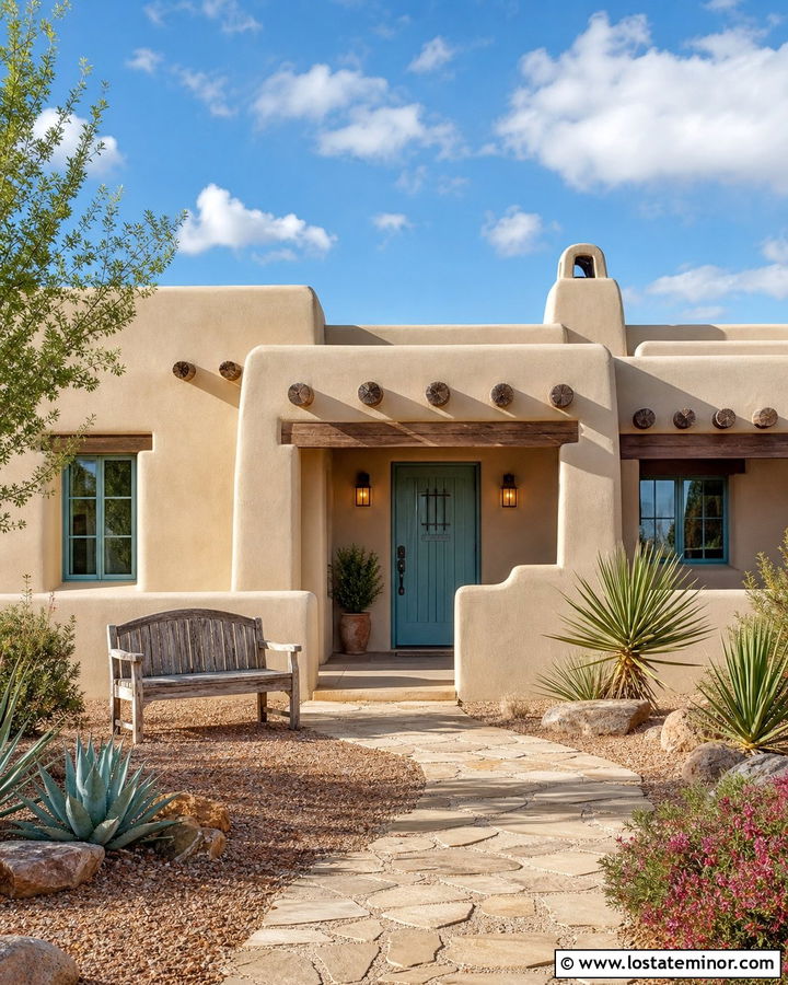 Beige House With Turquoise Front Door - 30 Beige House Design With Entry Door Ideas