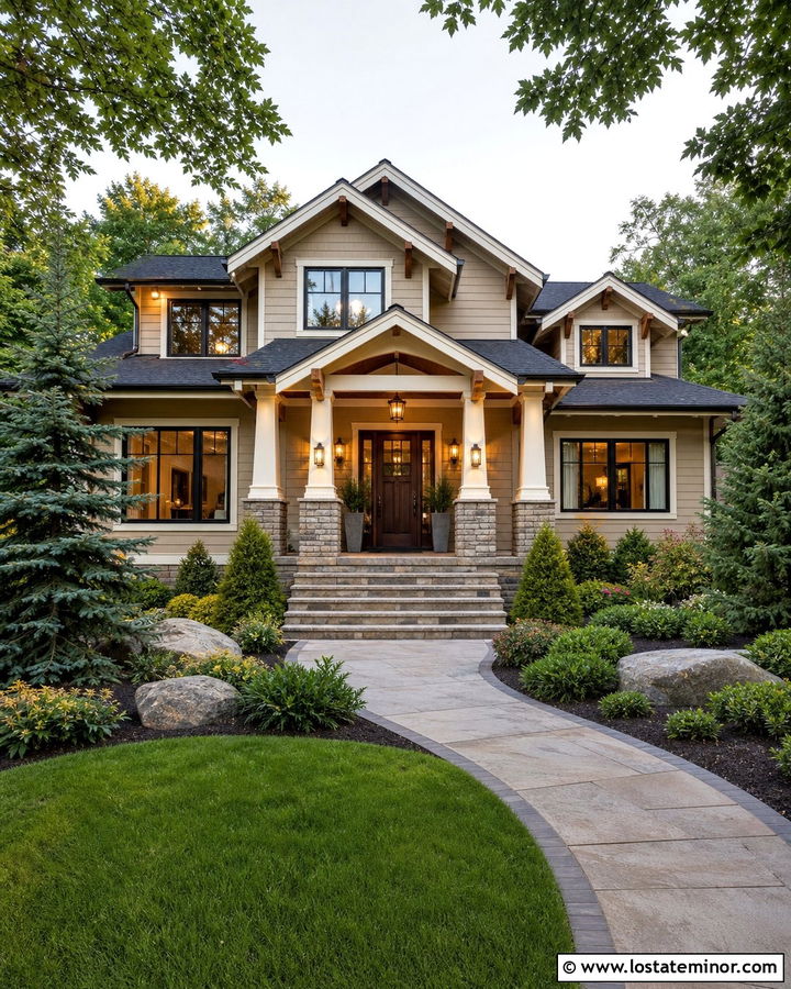Beige House With Walnut Front Door - 30 Beige House Design With Entry Door Ideas