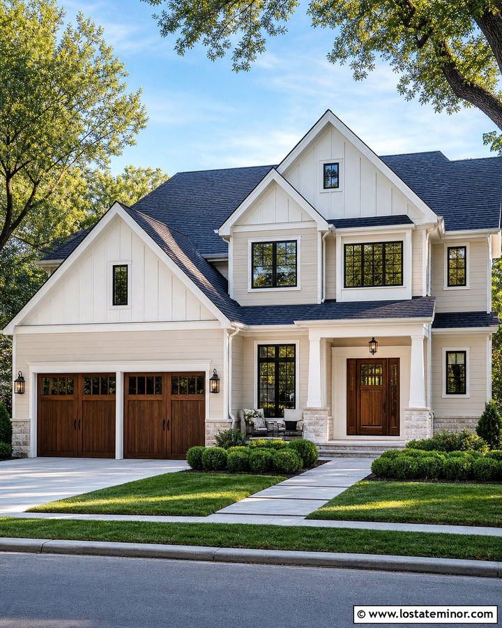 Beige House With White Board And Batten Gables - 30 Beige House Design With Gables Ideas