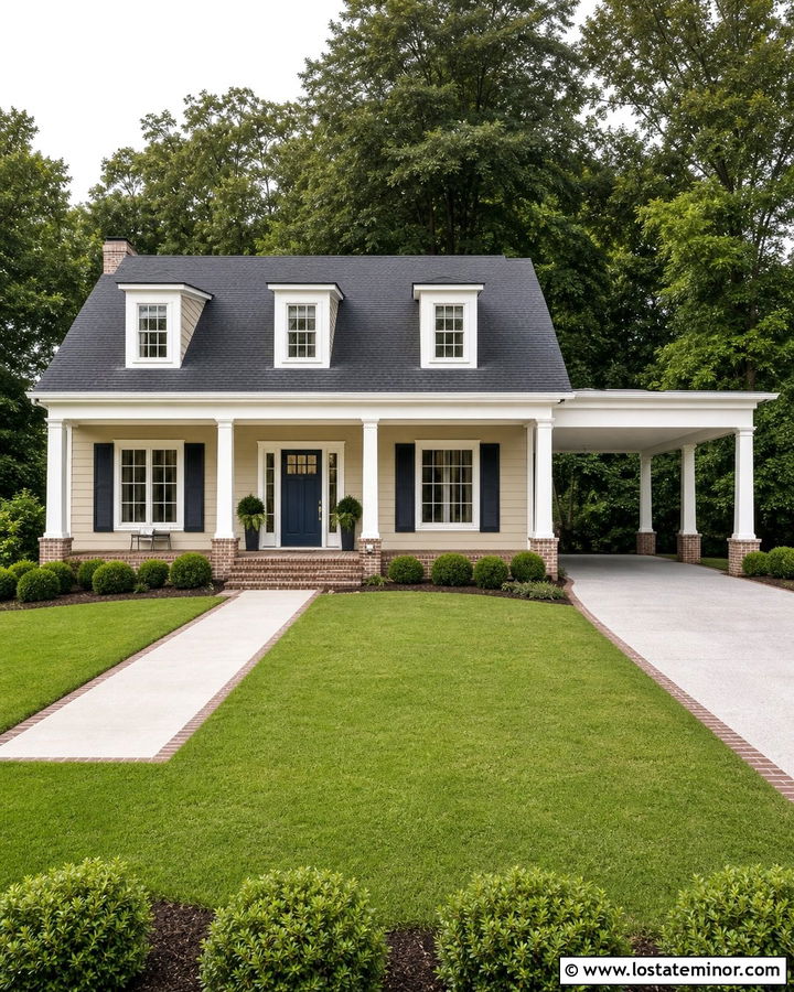 Beige House With White Column Carport - 30 Beige House Design With Carport Ideas