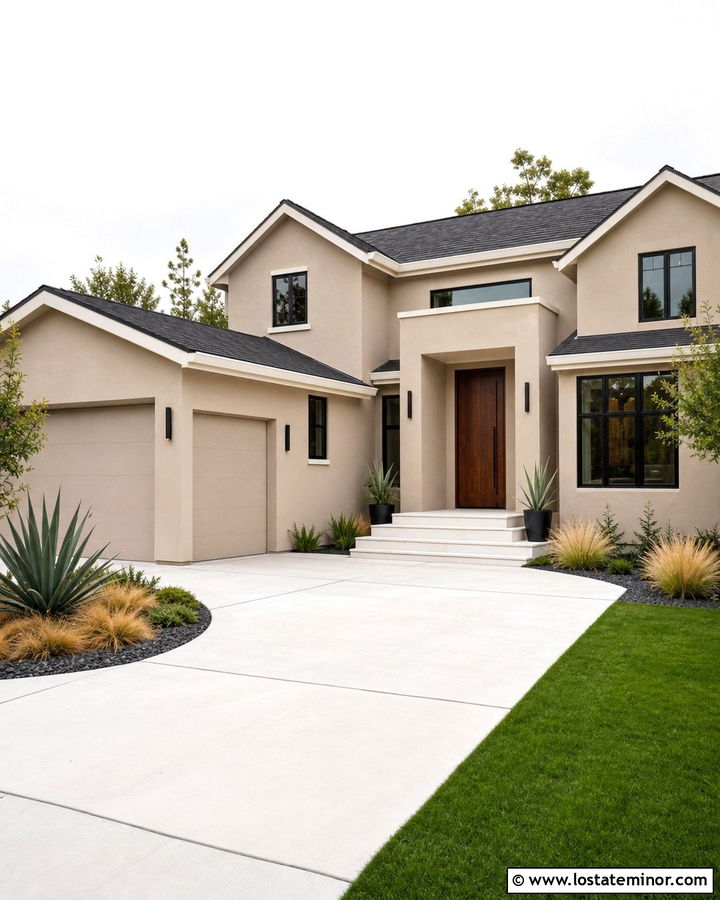 Beige House With White Concrete Driveway - 30 Beige House Design With Driveway Ideas