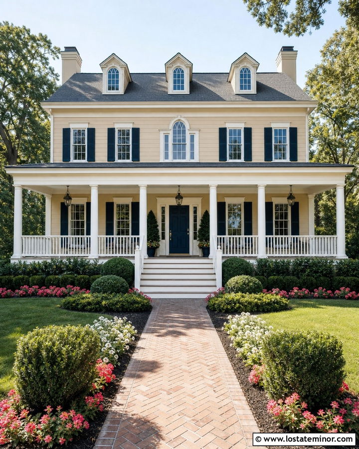 Beige House With White Porch Columns - 30 Beige House Design With Accents Ideas