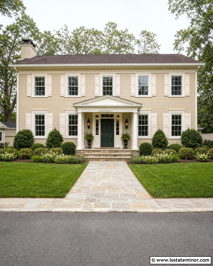Beige House With White Shutters And Green Door - 30 Beige House Design With Shutters Ideas