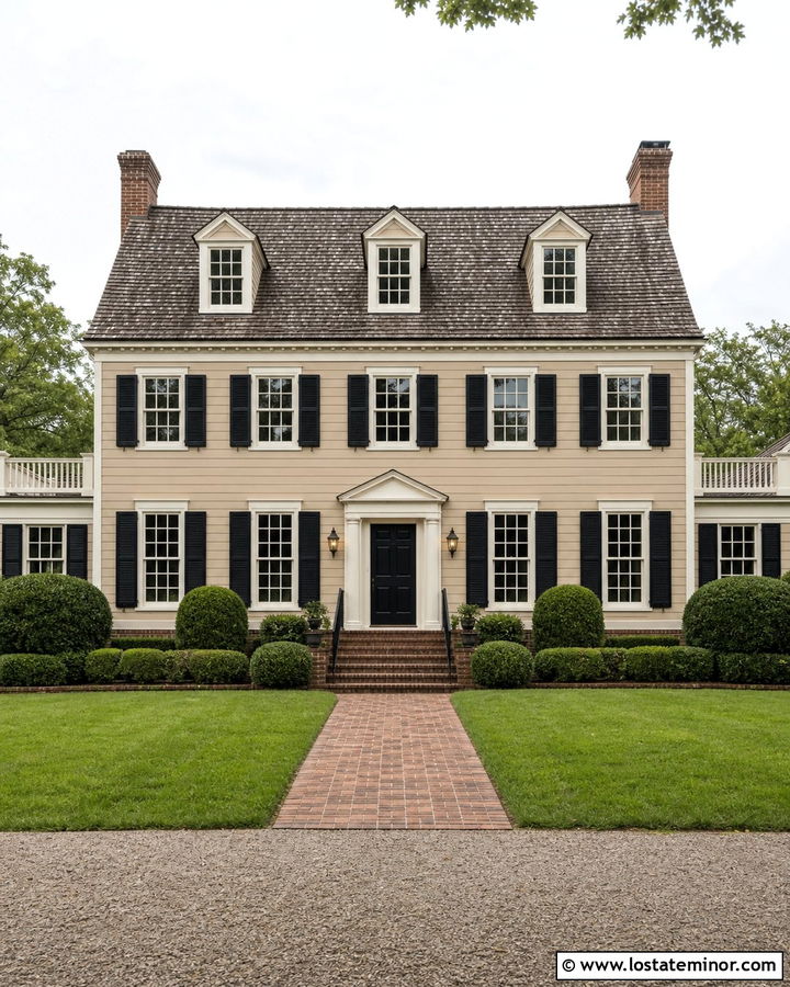 Beige House With White Trim And Black Shutters - 30 Beige House Design With Trim Ideas