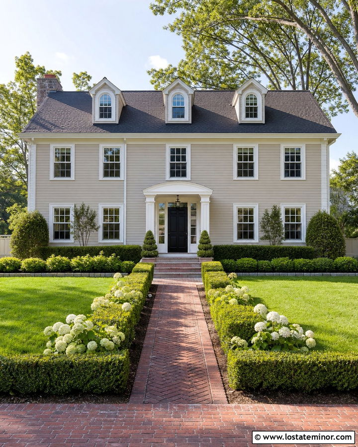 Beige House With White Trim And Boxwoods - 30 Beige House Design With Landscaping Ideas
