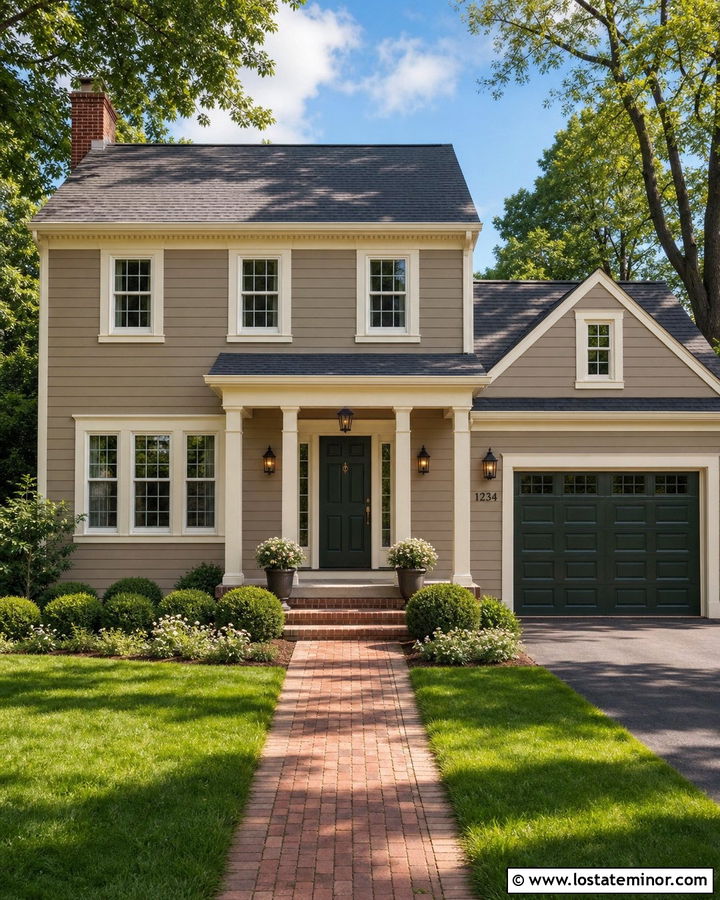 Beige House With White Trim And Bronze Lanterns - 30 Beige House Design With Light Fixtures Ideas