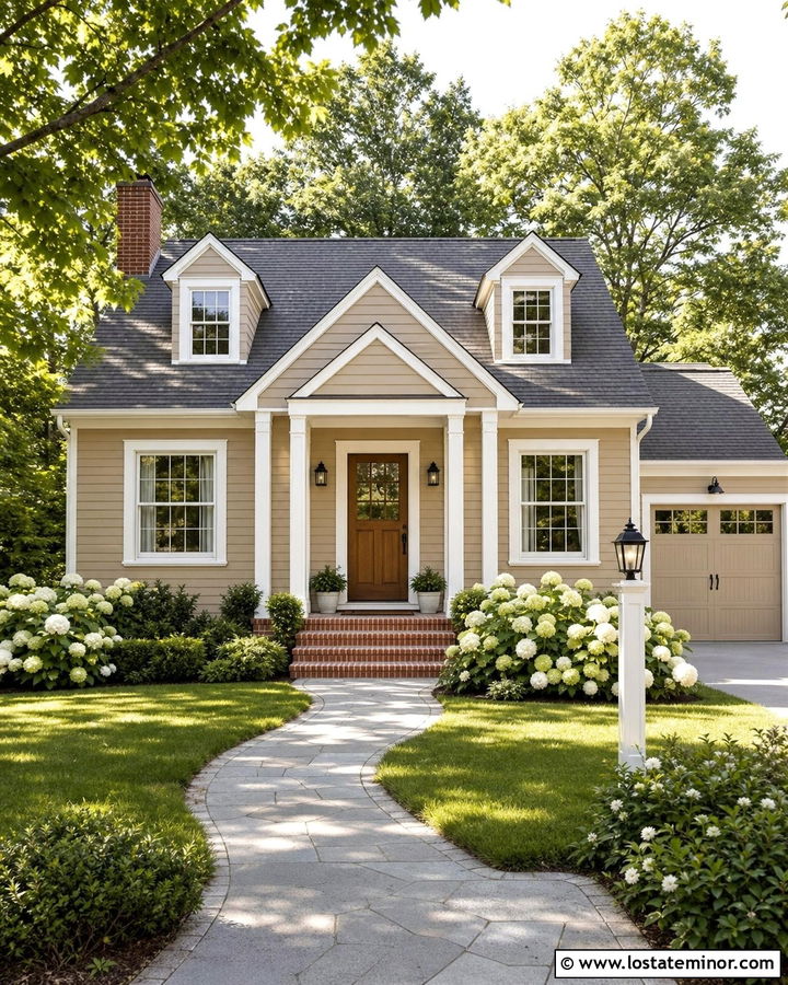 Beige House With White Trim And Wood Door - 30 Beige House Design With Accents Ideas