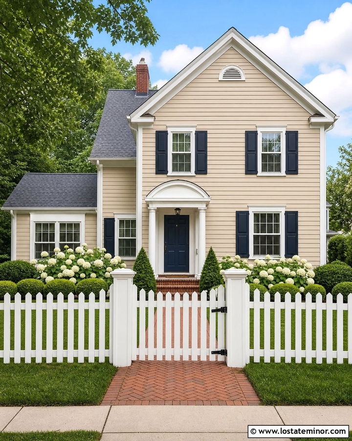 Beige House With White Vinyl Fence - 30 Beige House Design With Fence Ideas