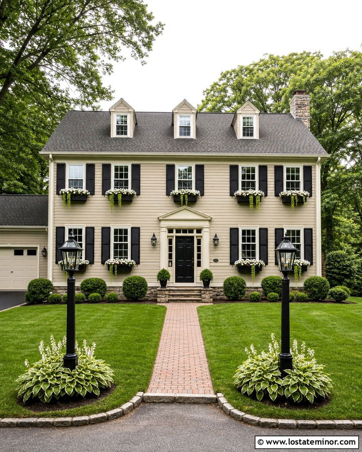 Beige House With Window Boxes And Black Shutters - 30 Beige House Design With Window Boxes Ideas