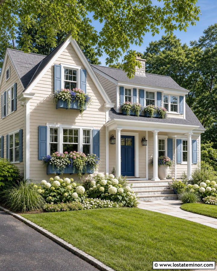 Beige House With Window Boxes And Blue Shutters - 30 Beige House Design With Window Boxes Ideas
