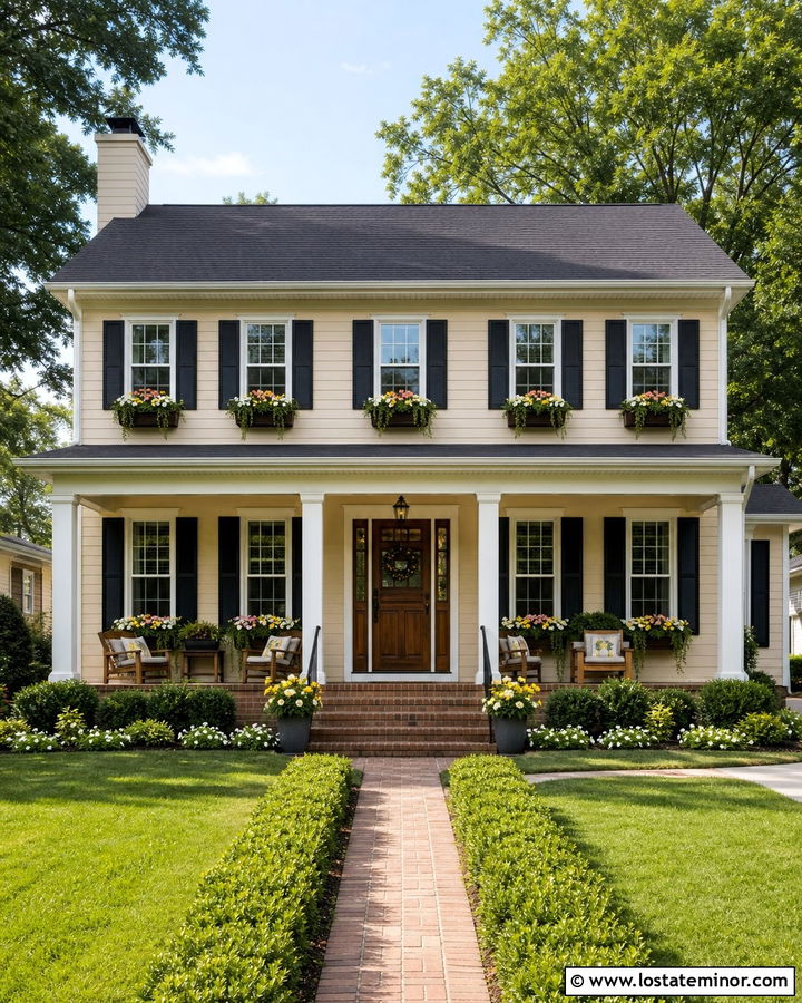 Beige House With Window Boxes And Brick Porch - 30 Beige House Design With Window Boxes Ideas