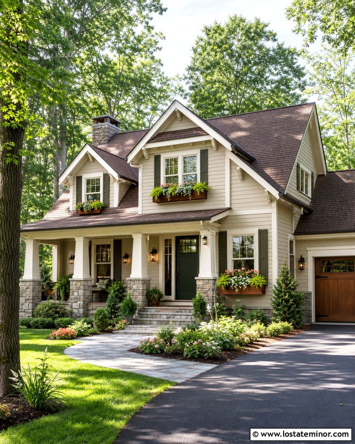 Beige House With Window Boxes And Brown Roof - 30 Beige House Design With Window Boxes Ideas