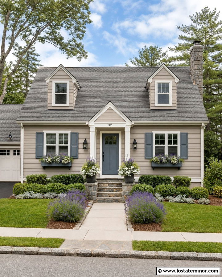 Beige House With Window Boxes And Gray Roof - 30 Beige House Design With Window Boxes Ideas