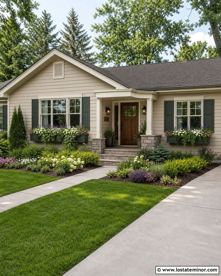 Beige House With Window Boxes And Green Shutters - 30 Beige House Design With Window Boxes Ideas
