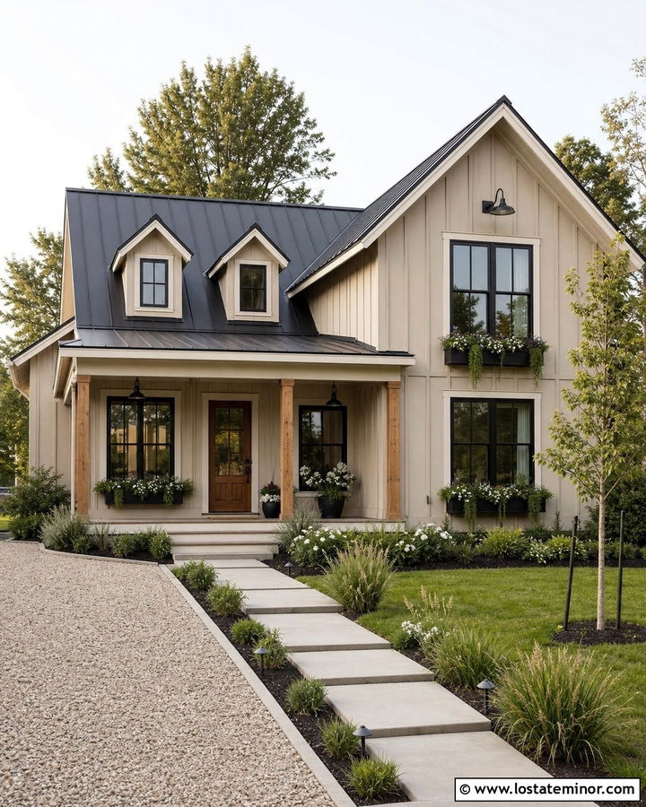 Beige House With Window Boxes And Metal Roof - 30 Beige House Design With Window Boxes Ideas
