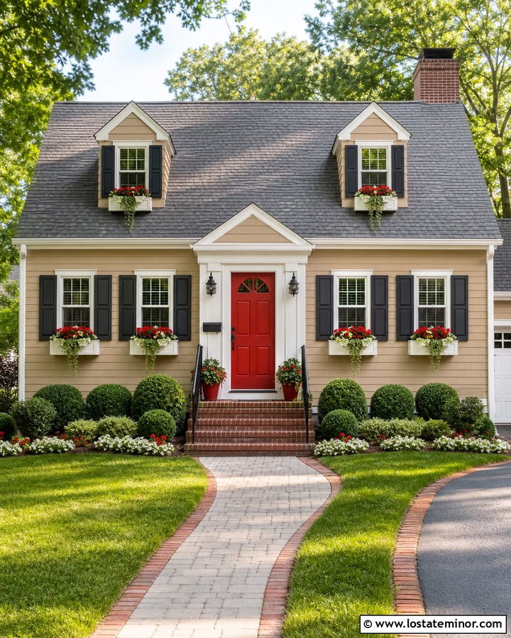 Beige House With Window Boxes And Red Door - 30 Beige House Design With Window Boxes Ideas