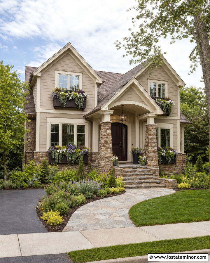 Beige House With Window Boxes And Stone Accents - 30 Beige House Design With Window Boxes Ideas