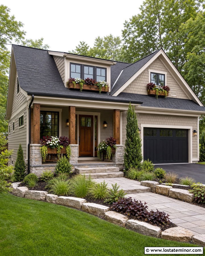Beige House With Window Boxes And Wood Door - 30 Beige House Design With Window Boxes Ideas