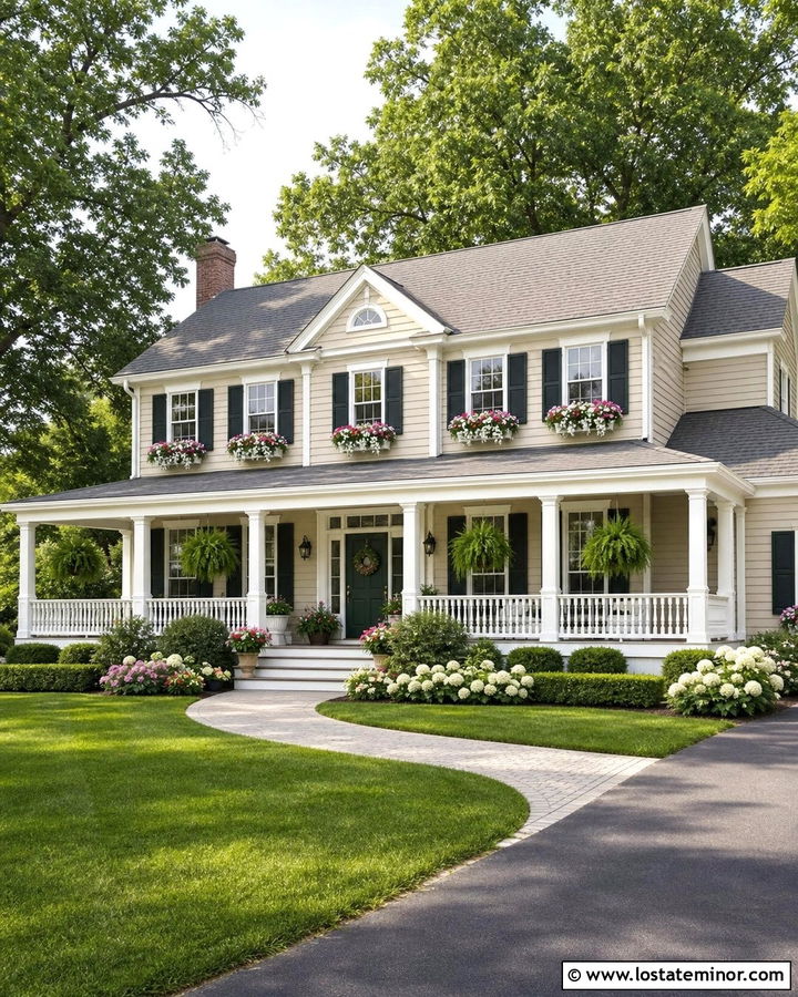 Beige House With Window Boxes And Wraparound Porch - 30 Beige House Design With Window Boxes Ideas