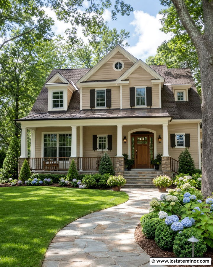 Beige House With Wood Door And Hydrangeas - 30 Beige House Design With Landscaping Ideas