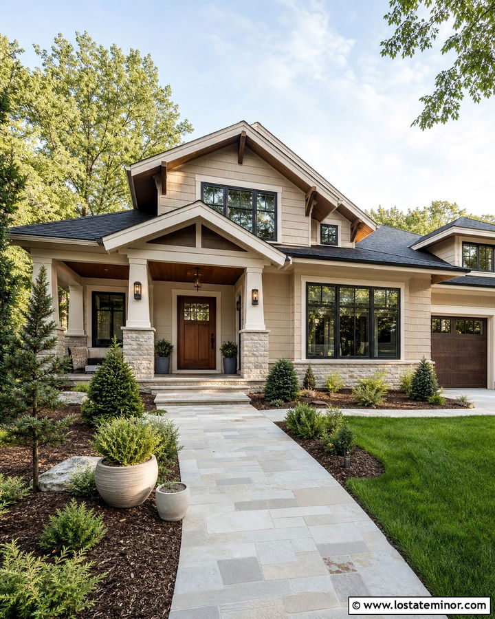 Beige House With Wood Door Front Porch - 30 Beige House Design With Front Porch Ideas
