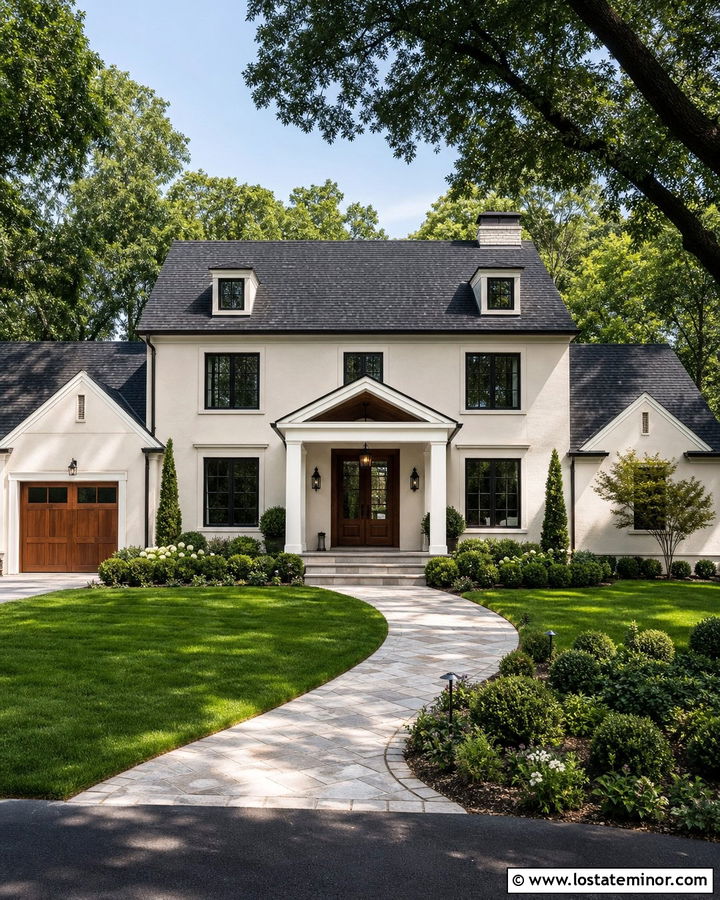 Beige House With Wood Front Door Portico - 30 Beige House Design With Portico Ideas