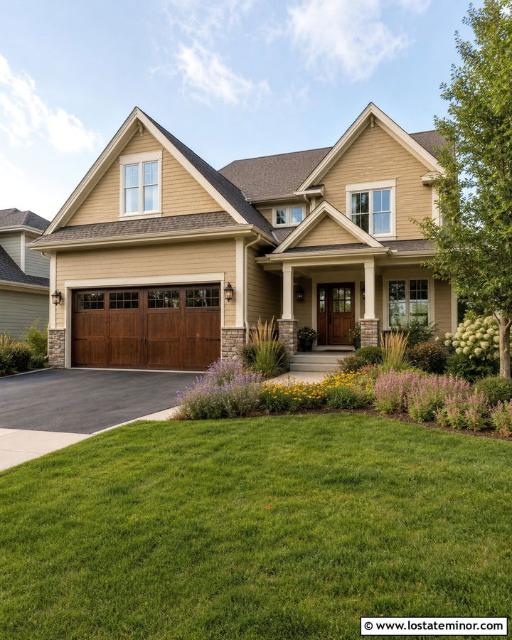 Beige House With Wood Garage Door And Perennials - 30 Beige House Design With Landscaping Ideas