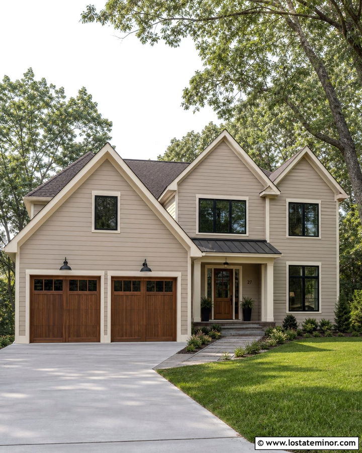 Beige House With Wood Garage Doors And Sconces - 30 Beige House Design With Lighting Ideas