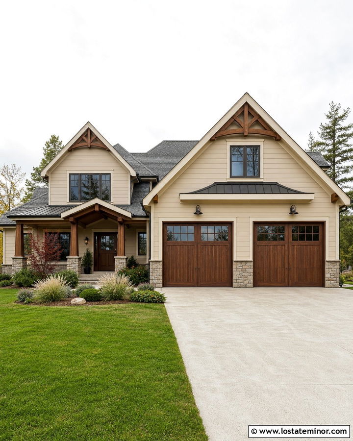 Beige House With Wood Garage Doors - 30 Beige House Design With Accents Ideas