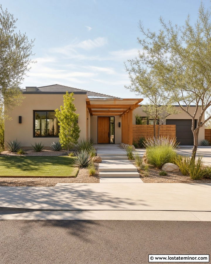 Beige House With Wood Pergola Awning - 30 Beige House Design With Awning Ideas