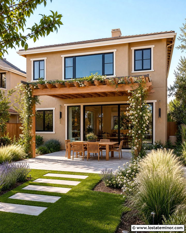 Beige House With Wood Pergola - 30 Beige House Design With Backyard Ideas